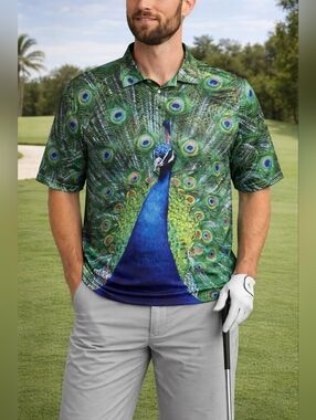 Obnoxious Golf Men's Peacock-Print Polo Shirt - Green/Blue Size XL